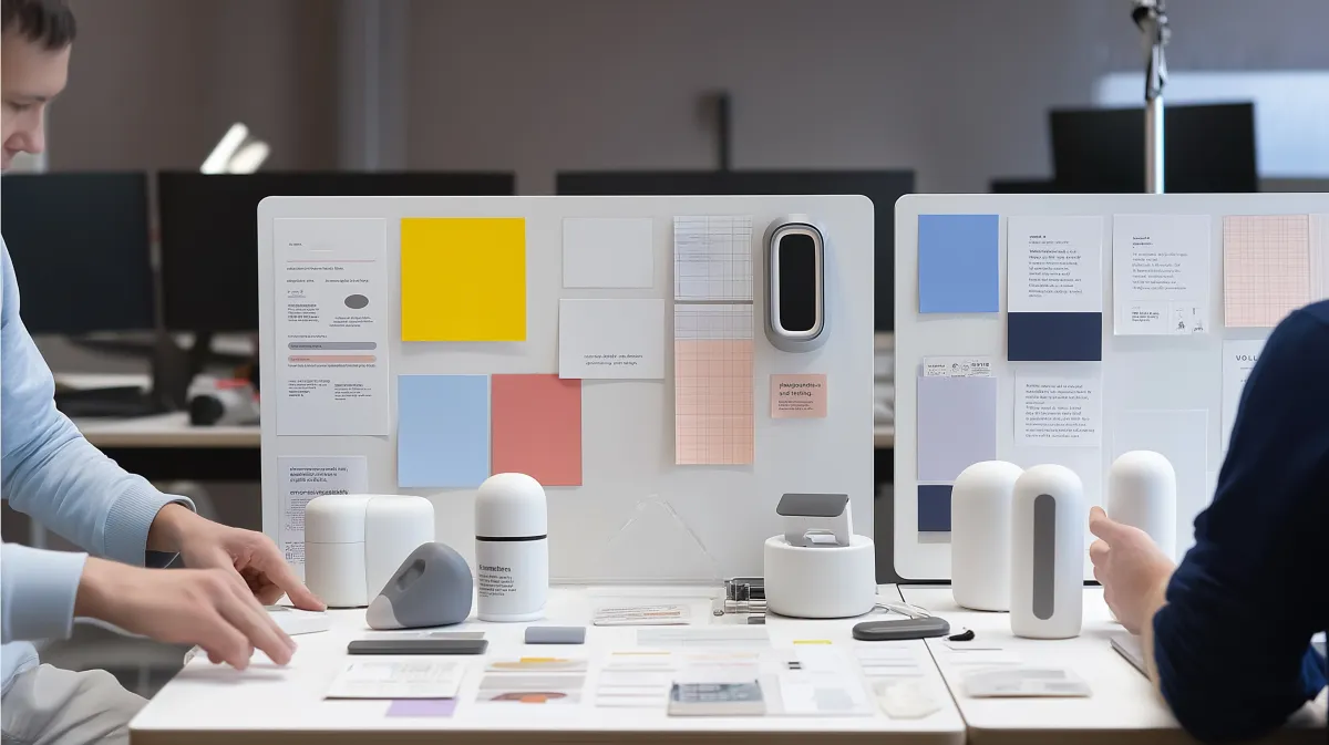 Equipe criativa discutindo identidade de marca em escritório moderno